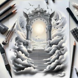 ornamental-stairs-tattoo – tattoo design ideas free ai generated – surrealism-visual-paradox – for-outer-arm – Gallery: stairs-inkby-ai