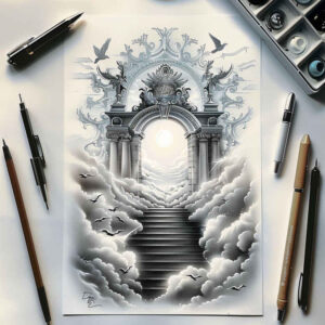 path-symbol-stairs-tattoo – tattoo design ideas free ai generated – neotraditional-bold-color-blocks – for-sternum – Gallery: stairs-inkby-ai