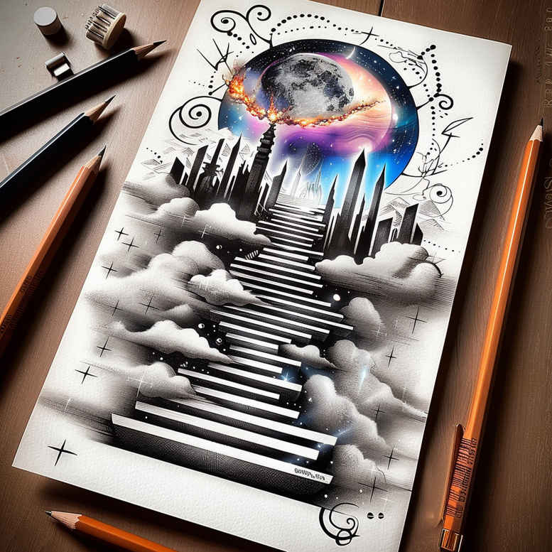 progress-symbol-stairs-tattoo – tattoo design ideas free ai generated – surrealism-fantastical – for-back-of-neck – Gallery: stairs-inkby-ai