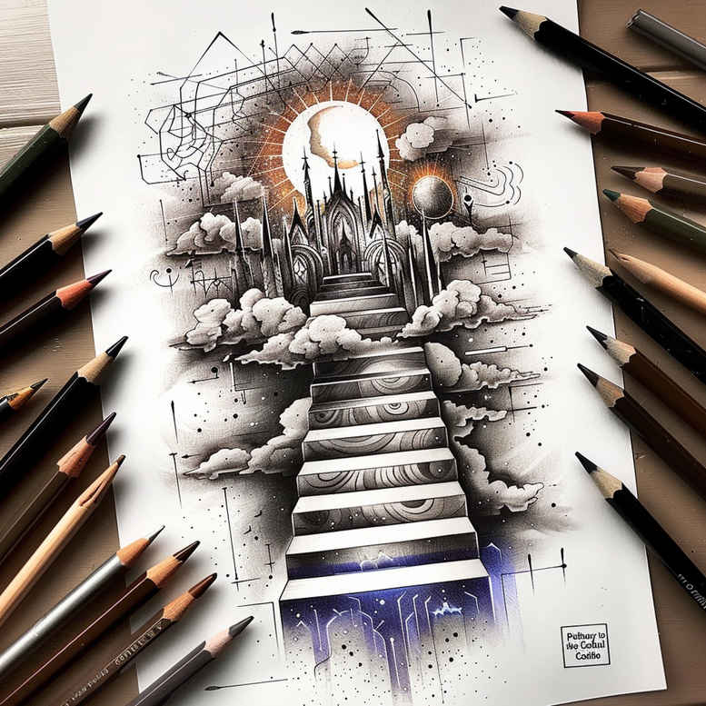 rebirth-symbol-stairs-tattoo – tattoo design ideas free ai generated – neotraditional-bold-highlights – for-spine – Gallery: stairs-inkby-ai