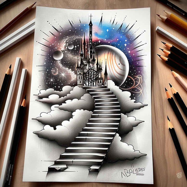shaded-stairs-tattoo – tattoo design ideas free ai generated – neotraditional-deep-blacks – for-upper-thigh – Gallery: stairs-inkby-ai