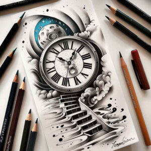 shaded-stairs-tattoo – tattoo design ideas free ai generated – surrealism-vivid-hallucination – for-lower-chest – Gallery: stairs-inkby-ai