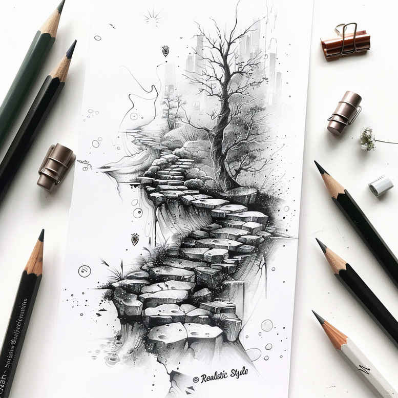 shadow-and-light-stairs-tattoo – tattoo design ideas free ai generated – neotraditional-rich-blacks – for-back-shoulder – Gallery: stairs-inkby-ai