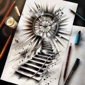 shadow-motif-stairs-tattoo – tattoo design ideas free ai generated – neotraditional-rich-shading – for-lower-thigh – Gallery: stairs-inkby-ai