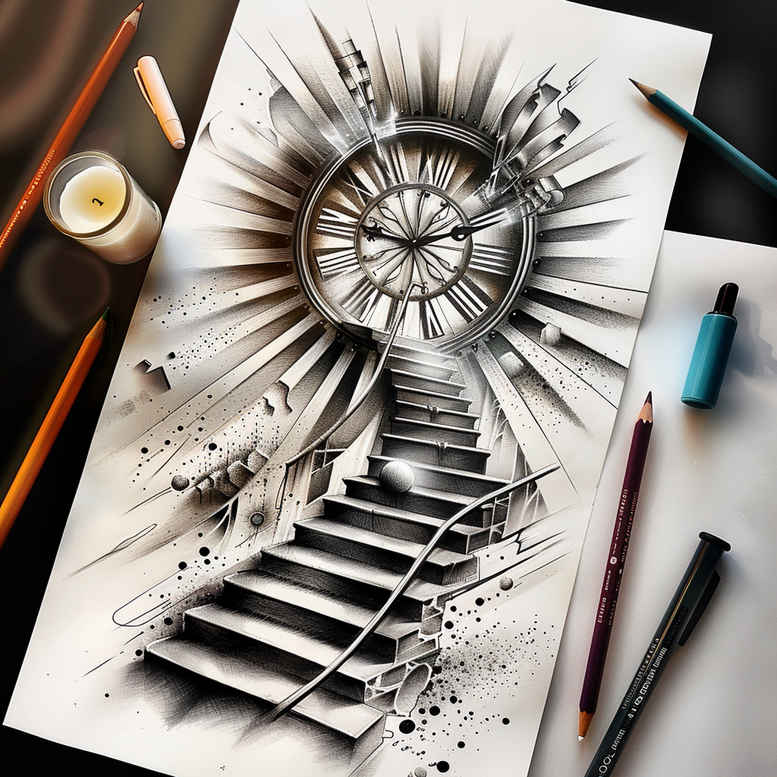 shadow-motif-stairs-tattoo – tattoo design ideas free ai generated – neotraditional-rich-shading – for-lower-thigh – Gallery: stairs-inkby-ai