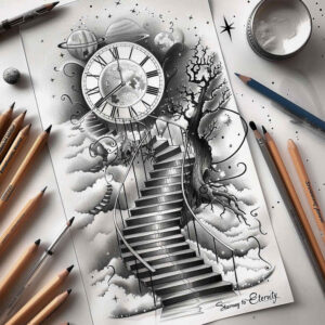 spiritual-motif-stairs-tattoo – tattoo design ideas free ai generated – neotraditional-refined-lines – for-behind-ear – Gallery: stairs-inkby-ai