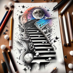 stairs-tattoo – tattoo design ideas free ai generated – neotraditional-bold-texture – for-lower-chest – Gallery: stairs-inkby-ai