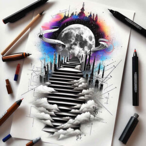 symbolic-stairs-tattoo – tattoo design ideas free ai generated – neotraditional-dynamic-color – for-side – Gallery: stairs-inkby-ai