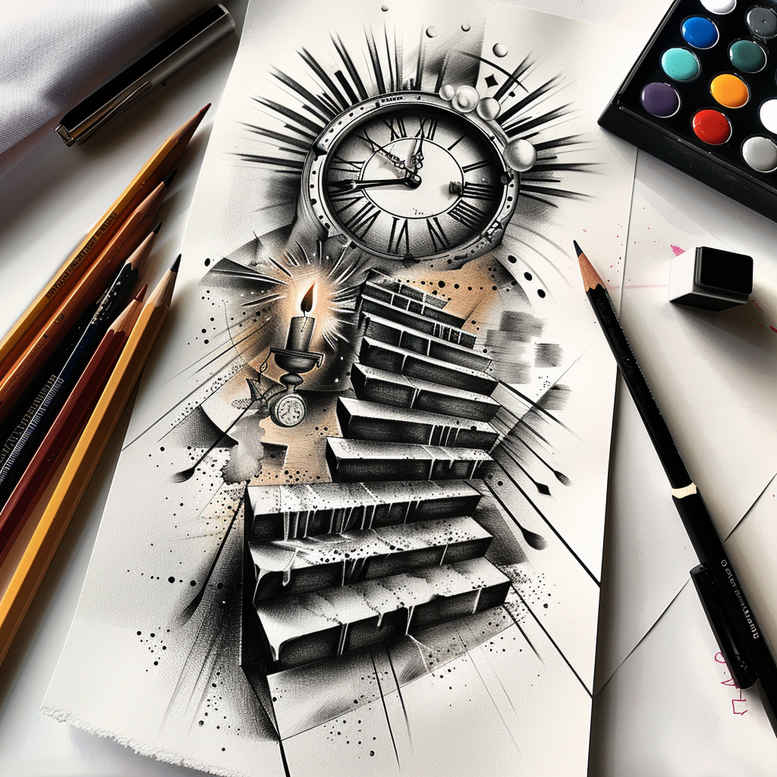 stairs tattoo design ideas Neotraditional vivid color journey symbol for arm