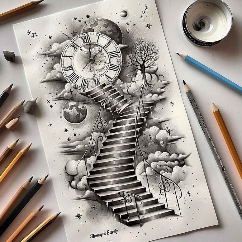 stairs tattoo design ideas distorted perspective spiritual ascent stands for courage