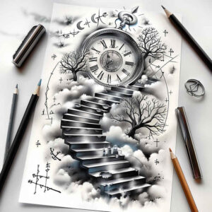 stairs tattoo design ideas textured shading visual metaphor for upper back