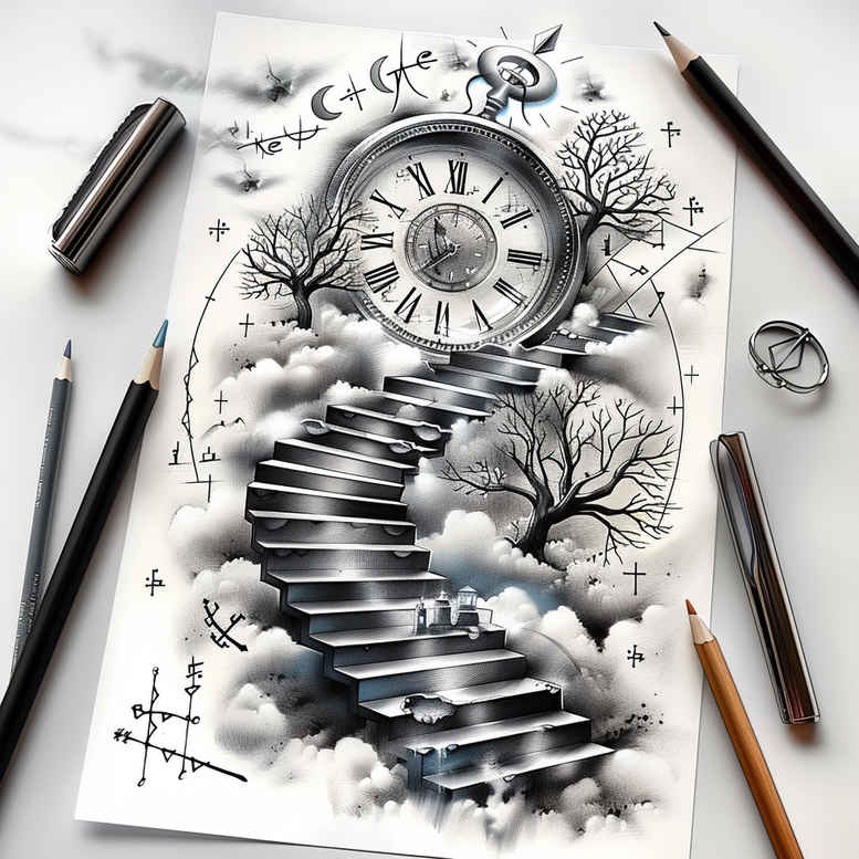 stairs tattoo design ideas textured shading visual metaphor for upper back