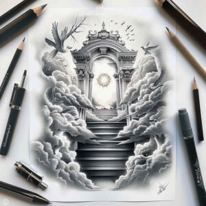 travel-motif-stairs-tattoo – tattoo design ideas free ai generated – surrealism-imperfect-symmetry – for-temple – Gallery: stairs-inkby-ai