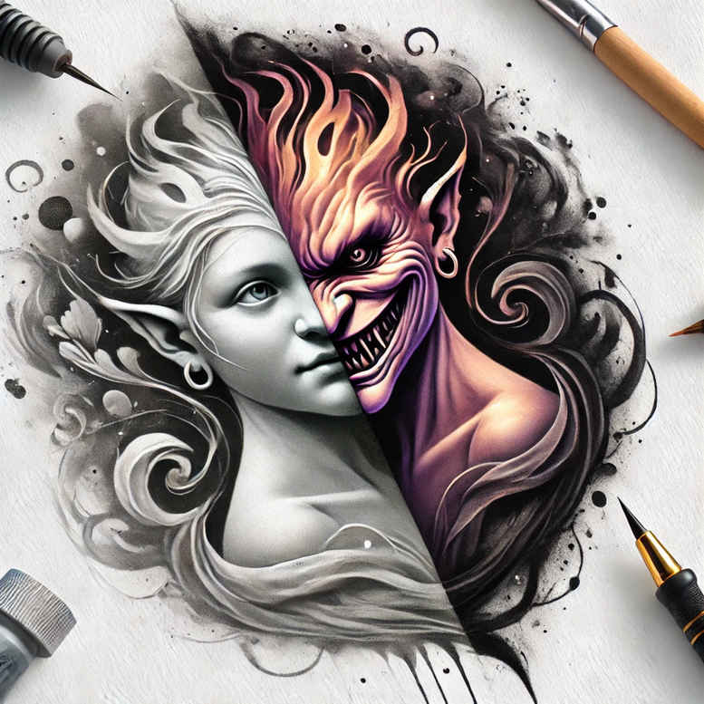 cosmic-motif-figure-tattoo – tattoo design ideas free ai generated – midnight – for-upper-thigh – Gallery: surrealistic-characters-inkby-ai