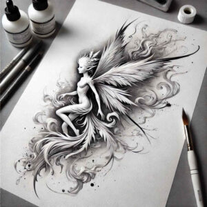 deformed-figure-tattoo – tattoo design ideas free ai generated – shadowy – for-outer-arm – Gallery: surrealistic-characters-inkby-ai