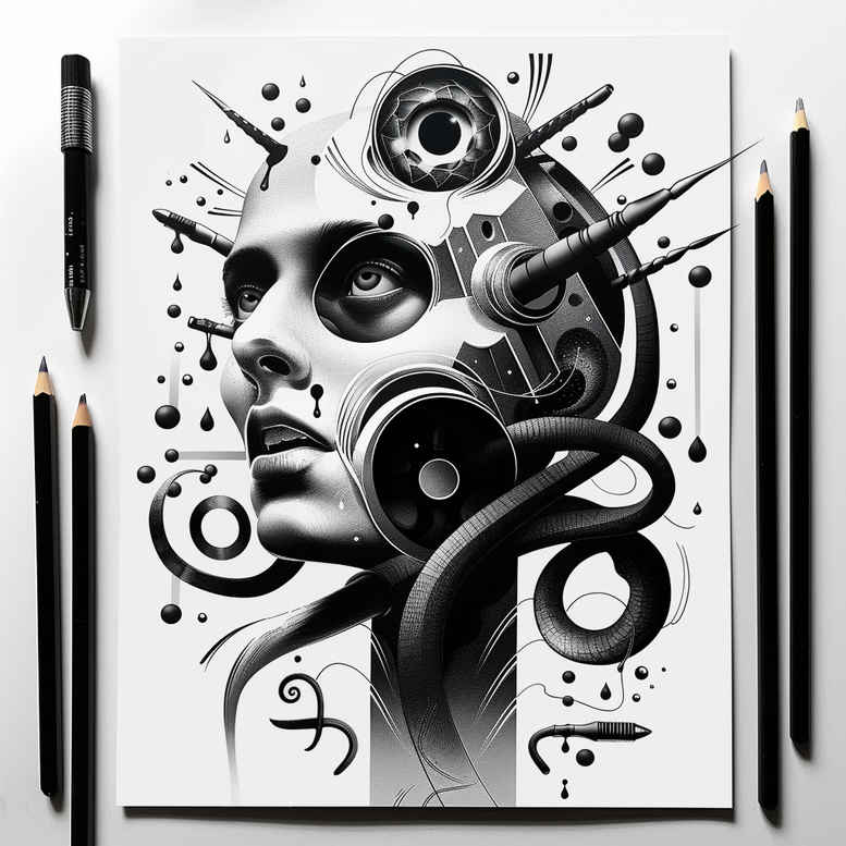 dream-motif-figure-tattoo – tattoo design ideas free ai generated – ominous – for-temple – Gallery: surrealistic-characters-inkby-ai