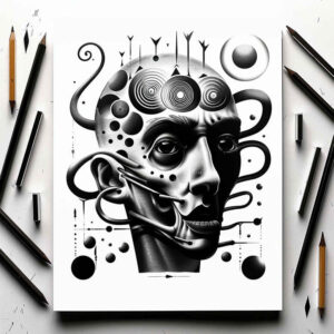 emotion-motif-figure-tattoo – tattoo design ideas free ai generated – strange-laughter – for-triceps – Gallery: surrealistic-characters-inkby-ai