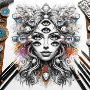 energy-motif-figure-tattoo – tattoo design ideas free ai generated – creeping-shadow – for-lower-thigh – Gallery: surrealistic-characters-inkby-ai