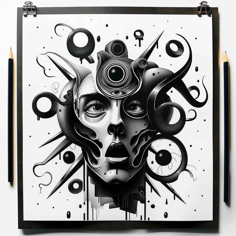 geometric-figure-tattoo – tattoo design ideas free ai generated – decaying – for-lower-thigh – Gallery: surrealistic-characters-inkby-ai