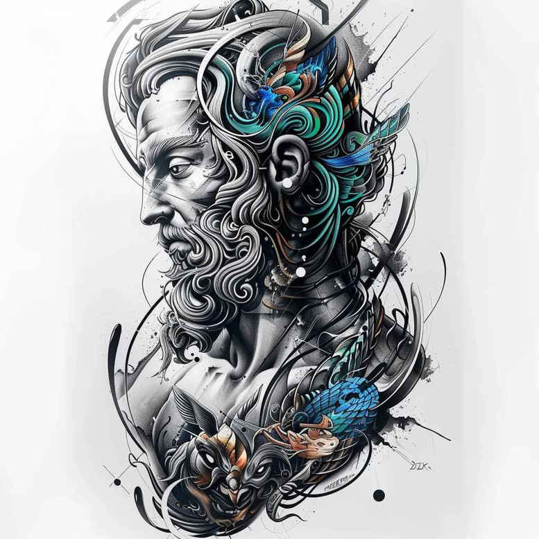 ornamental-figure-tattoo – tattoo design ideas free ai generated – grim – for-behind-ear – Gallery: surrealistic-characters-inkby-ai