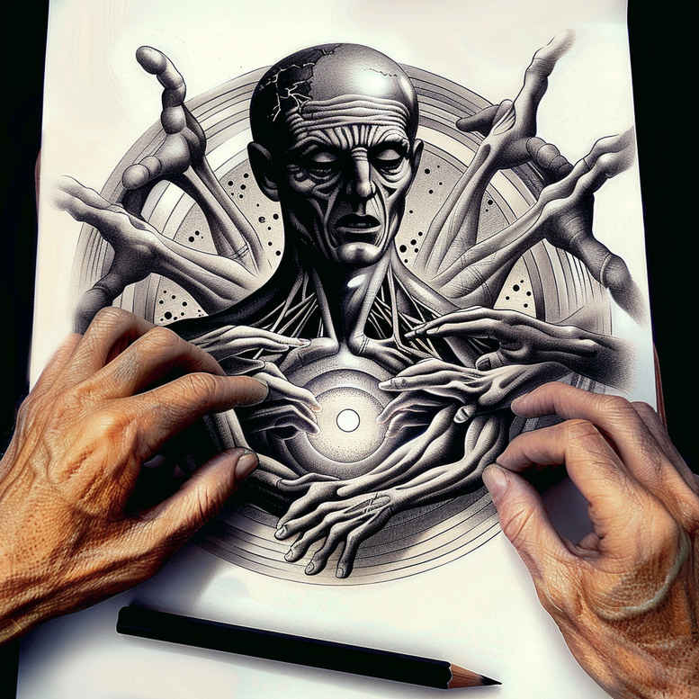 symbol-motif-figure-tattoo – tattoo design ideas free ai generated – agony – for-heel – Gallery: surrealistic-characters-inkby-ai