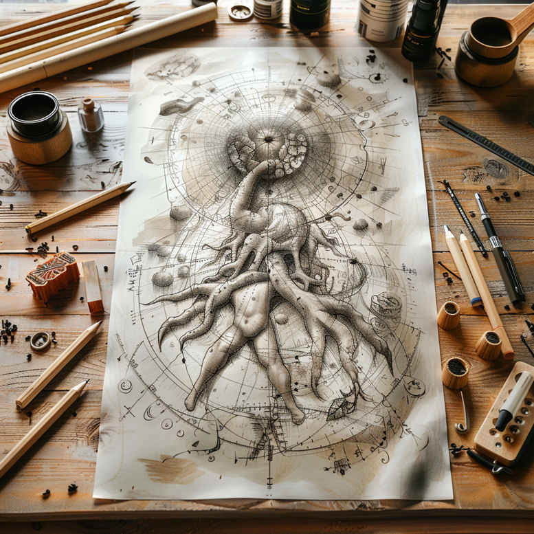 symbolic-figure-tattoo – tattoo design ideas free ai generated – frightening – for-lower-leg – Gallery: surrealistic-characters-inkby-ai