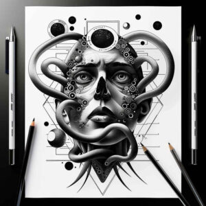 surrealistic-characters tattoo design ideas Surrealism vibrant contrasts floating face symbol of endurance
