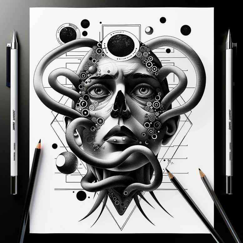 surrealistic-characters tattoo design ideas Surrealism vibrant contrasts floating face symbol of endurance