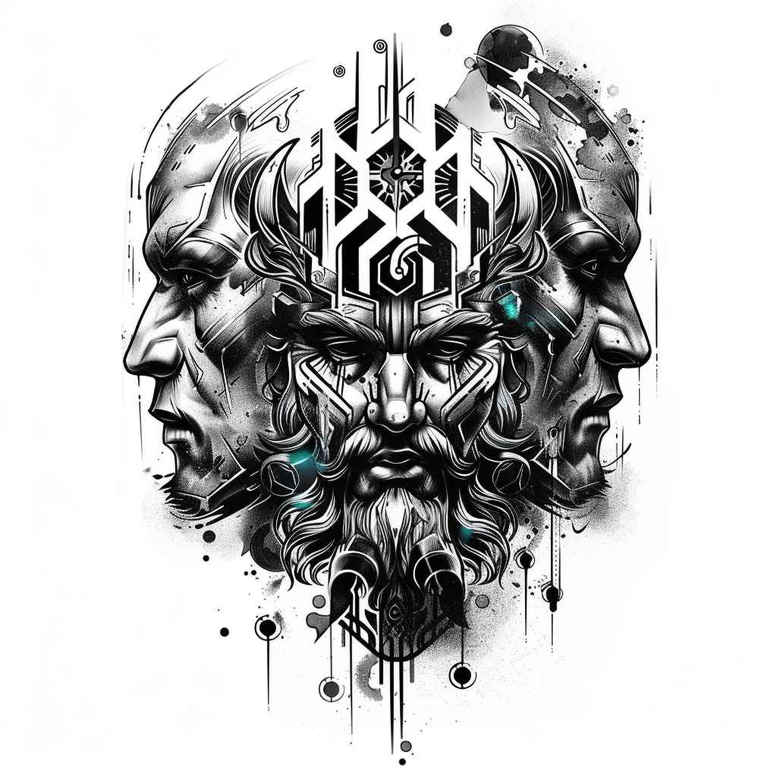 surrealistic-characters tattoo design ideas layered shading hyperreal expression determination and power