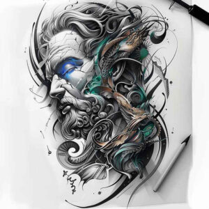 surrealistic-characters tattoo design ideas Neotraditional dynamic color mind-shift mask for temple