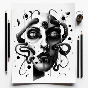 surrealistic-characters tattoo design ideas deep blacks nightmarish presence stands for determination