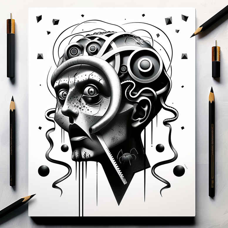 surrealistic-characters tattoo design ideas detailed linework nightmarish presence symbolising courage