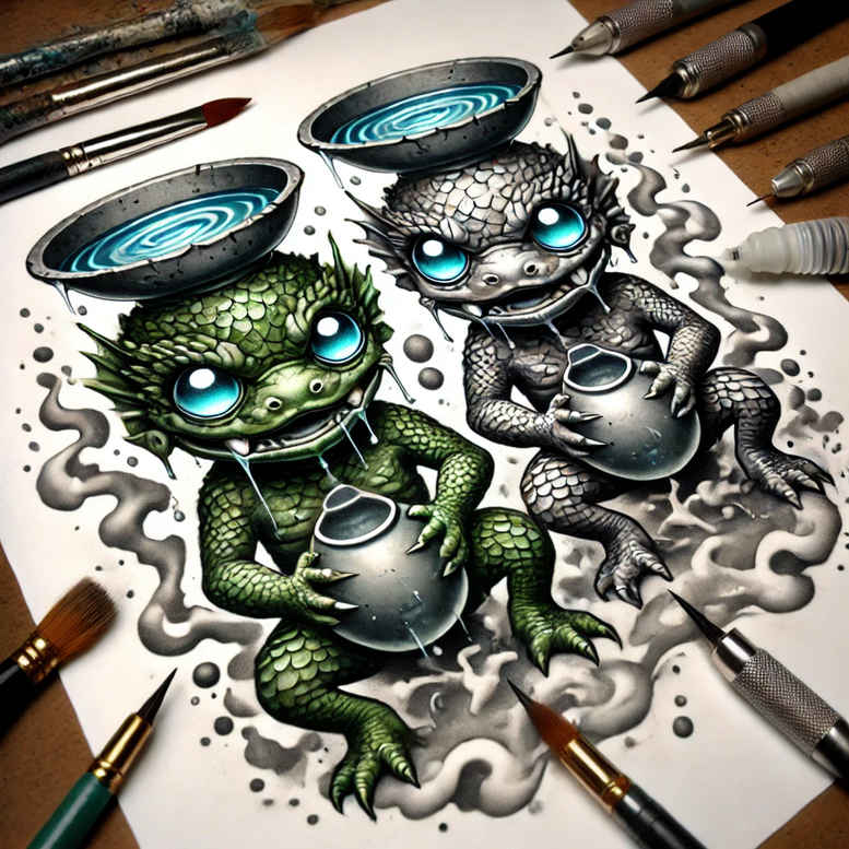 surrealistic-characters tattoo design ideas metallic psychic split for knee