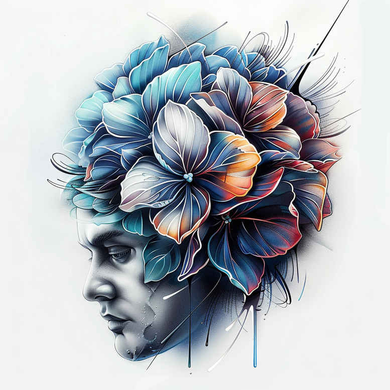 surrealistic-characters tattoo design ideas Neotraditional balanced tones surreal mask courage and power