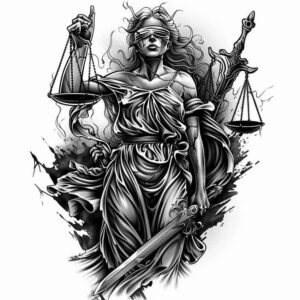 balance-and-justice-tattoo – tattoo design ideas free ai generated – neotraditional-artful-color – for-lower-leg – Gallery: themis-inkby-ai