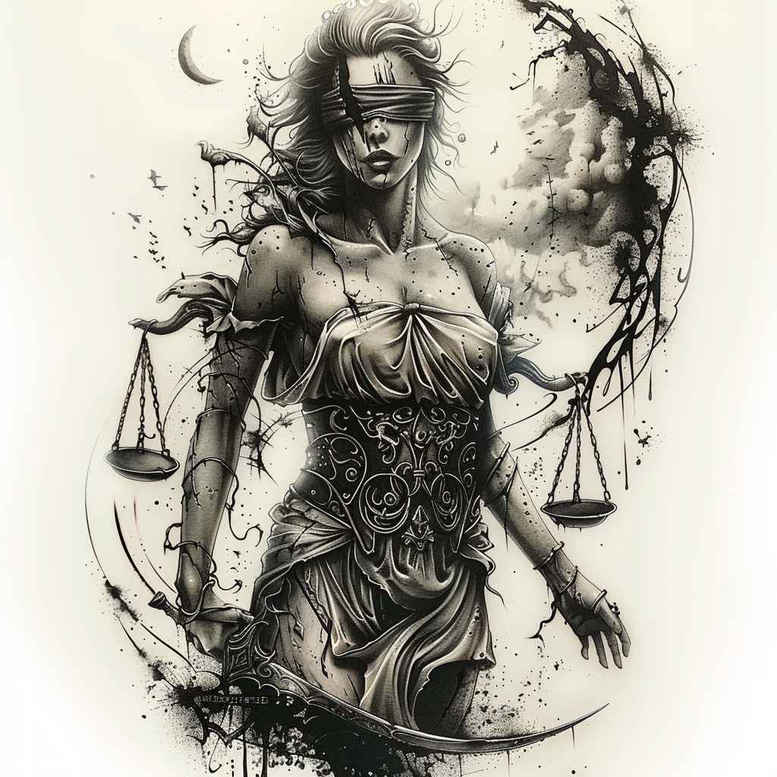 balance-and-justice-tattoo – tattoo design ideas free ai generated – neotraditional-layered-color – for-full-back – Gallery: themis-inkby-ai