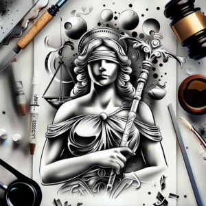 judgment-motif-tattoo – tattoo design ideas free ai generated – neotraditional-bold-color-blocks – for-lower-back – Gallery: themis-inkby-ai