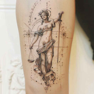 judgment-motif-tattoo – tattoo design ideas free ai generated – neotraditional-crisp-lines – for-ankle – Gallery: themis-inkby-ai
