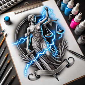 justice-and-balance-tattoo – tattoo design ideas free ai generated – surrealism-enigmatic-light – for-lower-leg – Gallery: themis-inkby-ai