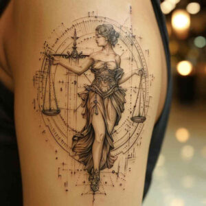 justice-goddess-tattoo – tattoo design ideas free ai generated – realism-focal-blur – for-side-torso – Gallery: themis-inkby-ai