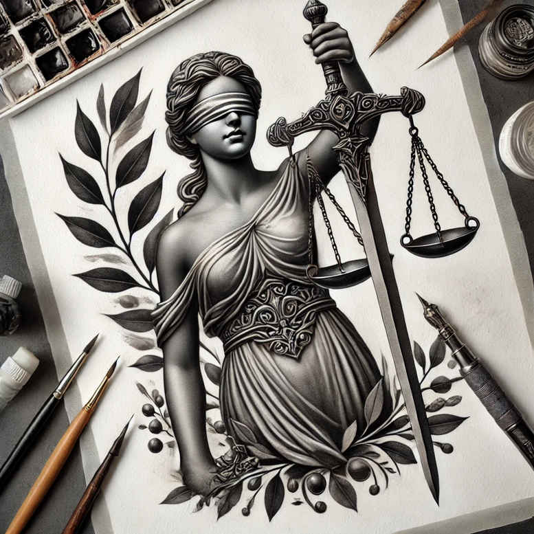 justice-goddess-tattoo – tattoo design ideas free ai generated – realism-skin-texture – for-upper-chest – Gallery: themis-inkby-ai