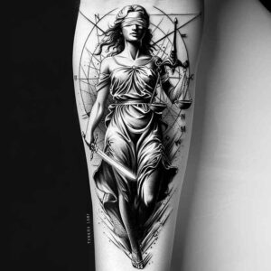 justice-symbol-tattoo – tattoo design ideas free ai generated – neotraditional-refined-lines – for-upper-arm – Gallery: themis-inkby-ai