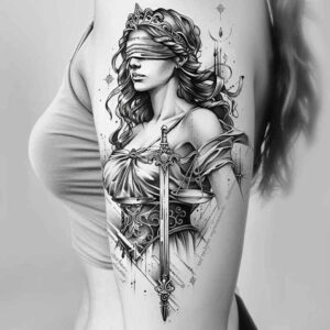 justice-symbol-tattoo – tattoo design ideas free ai generated – realism-real-ink-flow – for-side-torso – Gallery: themis-inkby-ai