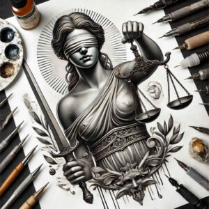 law-and-order-tattoo – tattoo design ideas free ai generated – neotraditional-vivid-hues – for-lower-thigh – Gallery: themis-inkby-ai