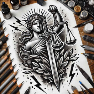 law-motif-tattoo – tattoo design ideas free ai generated – neotraditional-contrasting-colors – for-ankle – Gallery: themis-inkby-ai