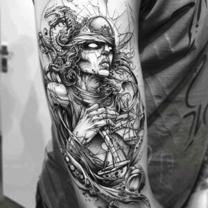 line-themis-tattoo – tattoo design ideas free ai generated – surrealism-imaginative – for-spine – Gallery: themis-inkby-ai