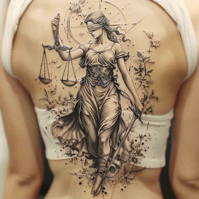 punishment-and-reward-tattoo – tattoo design ideas free ai generated – neotraditional-color-overlays – for-sternum – Gallery: themis-inkby-ai