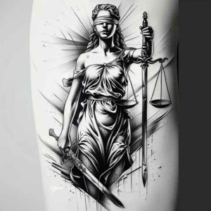 punishment-and-reward-tattoo – tattoo design ideas free ai generated – neotraditional-subtle-tone – for-lower-thigh – Gallery: themis-inkby-ai