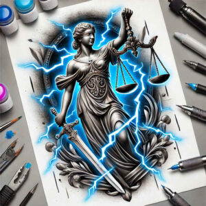 scales-tattoo – tattoo design ideas free ai generated – neotraditional-rich-shading – for-upper-thigh – Gallery: themis-inkby-ai