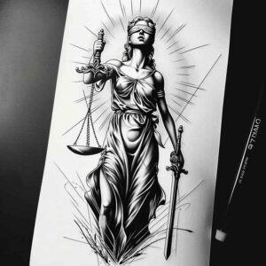 themis tattoo design ideas Surrealism ghostly shapes blindfolded truth symbolising determination